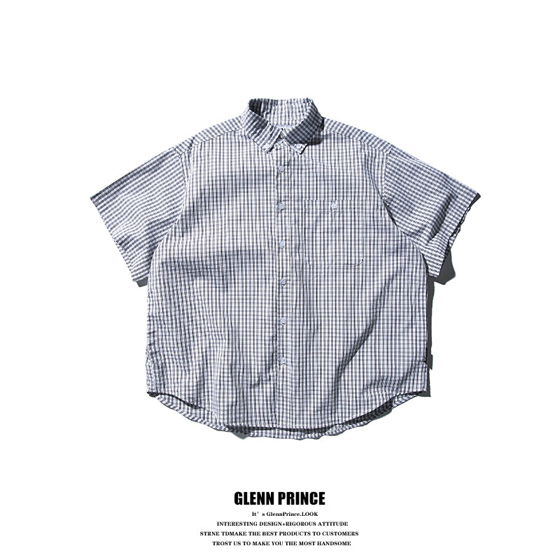 Japanese cityboy plaid lapel short-sleeved shirt boys Korean commuter silhouette trendy brand shirt