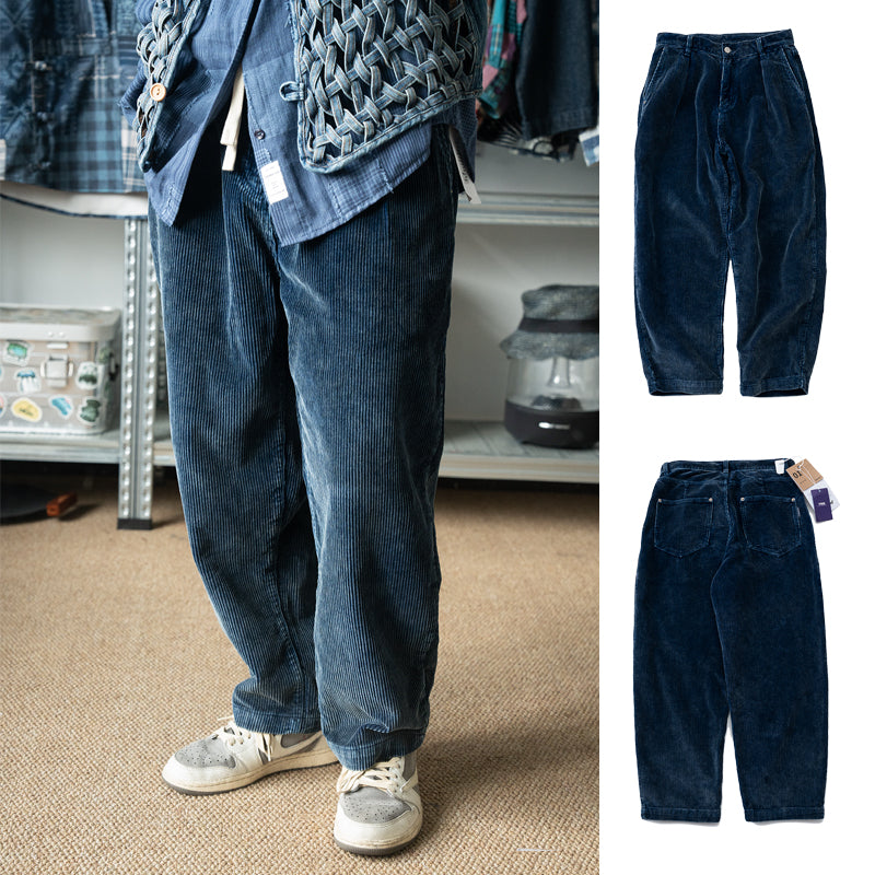 Japanese retro men's pants, thick pit strips, high gram weight, indigo wash, corduroy, casual loose small foot cargo pants, men and women