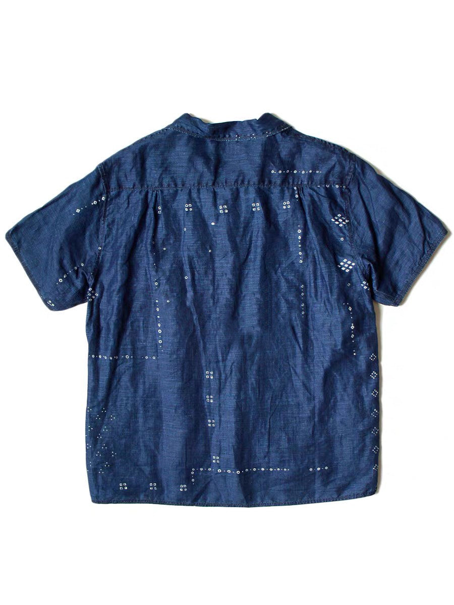 Blue Dyed Denim Print Stitching Shirt – Japanese Retro Unisex Casual