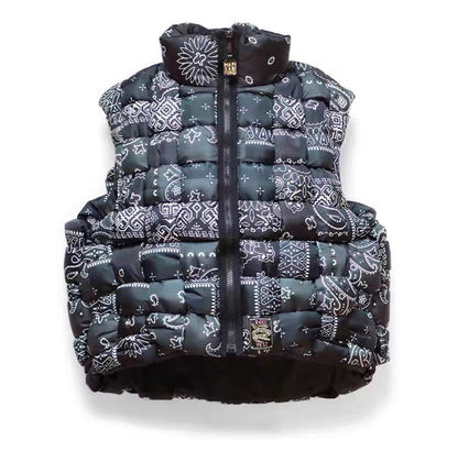 Nylon Paisley Print Down Vest – High-Neck Zip Padded Unisex – Vests | japanese streetwear | vintage workwear | unisex | Yamalinclothes