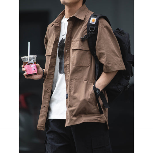 Summer Japanese silhouette bamboo cotton cargo short-sleeved shirt men's loose three-quarter sleeve casual shirt trend – Japanese vintage | yamalin clothes | Yamalinclothes
