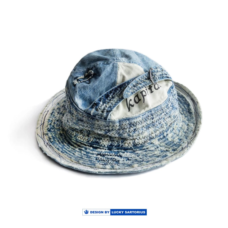 Old man and sea erosion fisherman hat denim retro sun hat complex denim fringe embroidery craft
