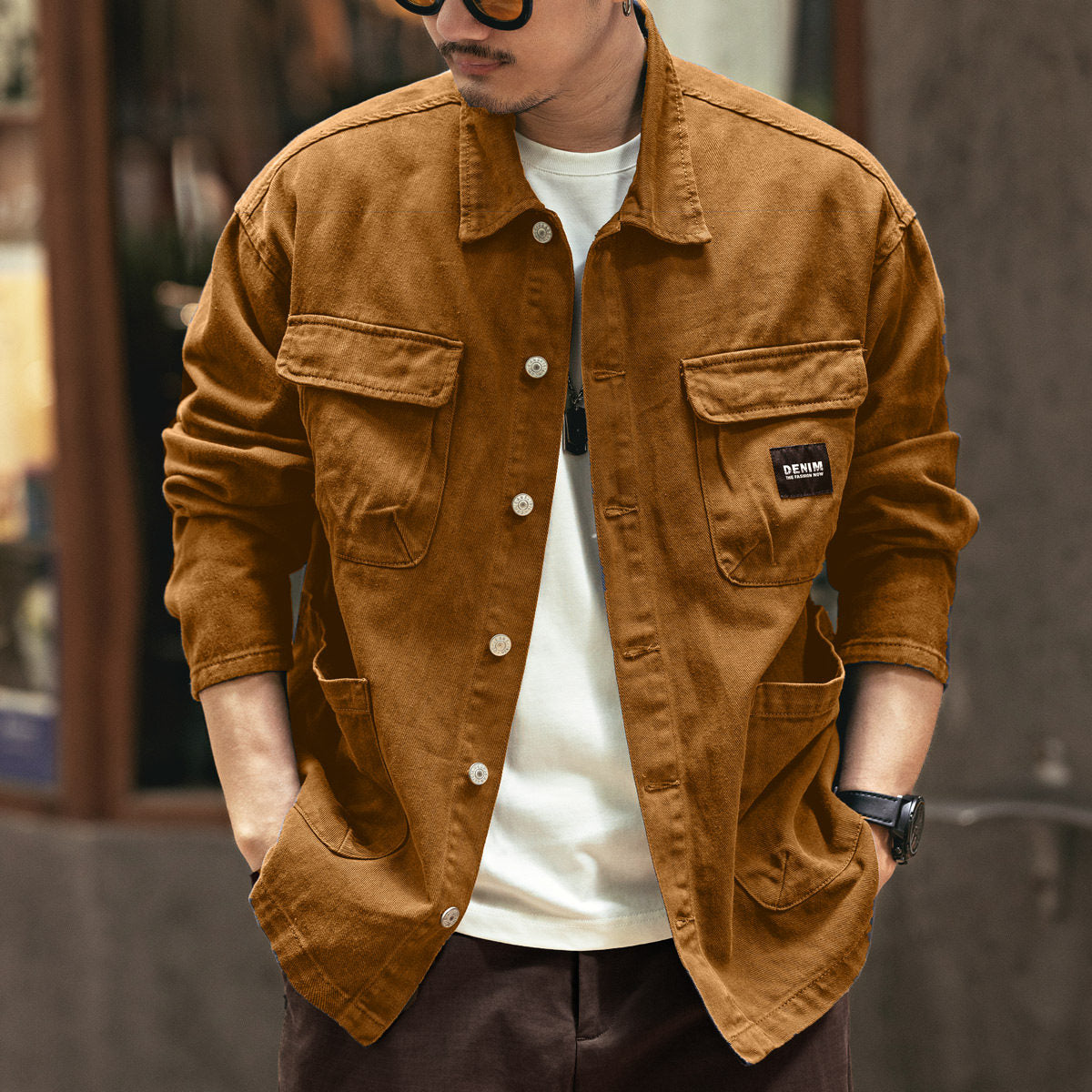 Vintage Chore Jacket Men – Washed Cotton Loose Cargo Workwear Shirt Jacket