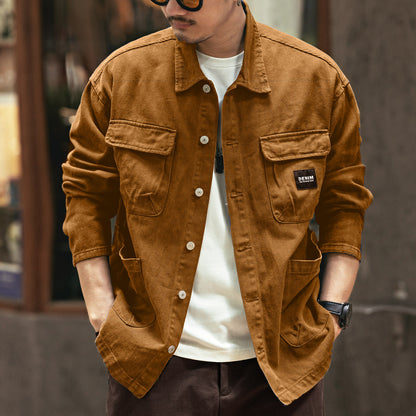 Vintage Chore Jacket Men – Washed Cotton Loose Cargo Workwear Shirt Jacket