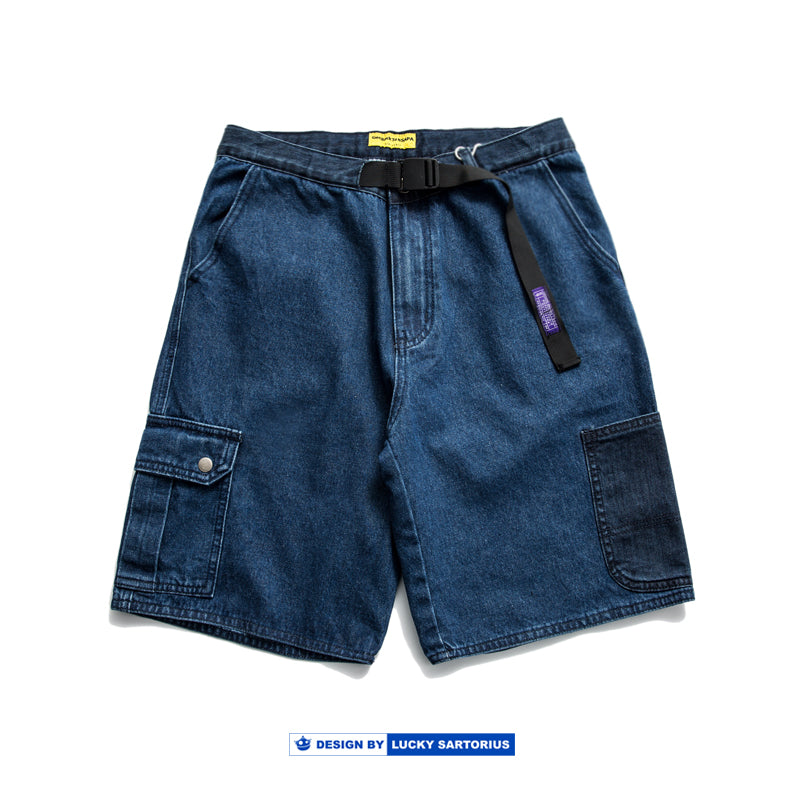 washed old color matching jeans loose shorts frock pants for men