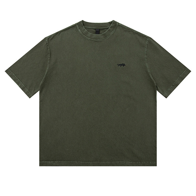 320G Heavyweight Washed Distressed Short Sleeve T-Shirt – Letter Embroidery Vintage Tee for Men – Japanese vintage | yamalin clothes | Yamalinclothes