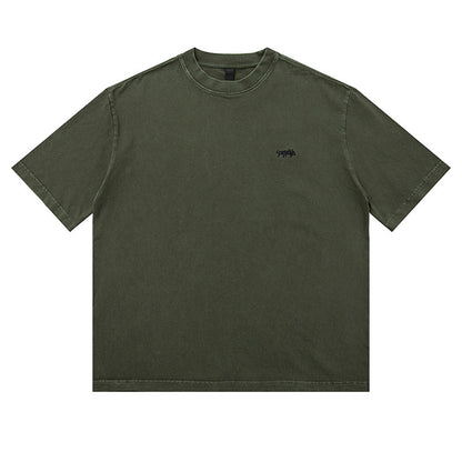 320G Heavyweight Washed Distressed Short Sleeve T-Shirt – Letter Embroidery Vintage Tee for Men – Japanese vintage | yamalin clothes | Yamalinclothes