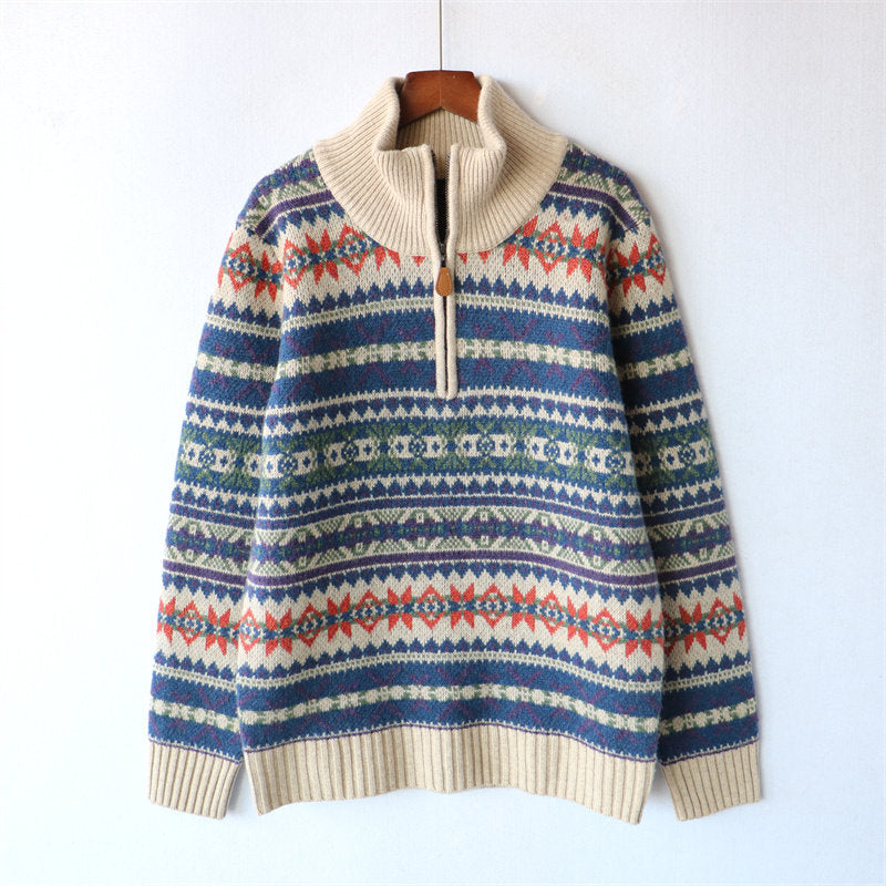 100% Wool Half-Zip Jacquard Stripe Sweater – Men's Ethnic Knit Pullover Khaki