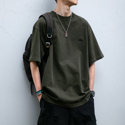 320G Heavyweight Washed Distressed Short Sleeve T-Shirt – Letter Embroidery Vintage Tee for Men – Japanese vintage | yamalin clothes | Yamalinclothes