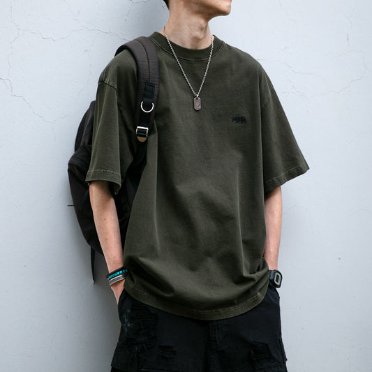 320g Heavy Wash Distressed Short Sleeve T-Shirt Men's Summer Simple Letter Embroidery Vintage Texture Half Sleeve Tide