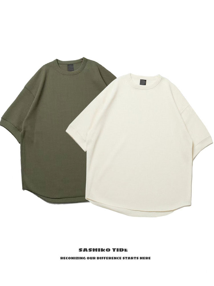 Japanese waffle solid color functional versatile casual loose crew neck half-sleeved T-shirt