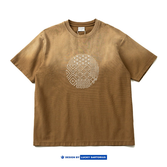 Japanese vintage Tee heavy gradient wash retro elements embroidery loose version round neck fit short sleeve T-shirt for men and women