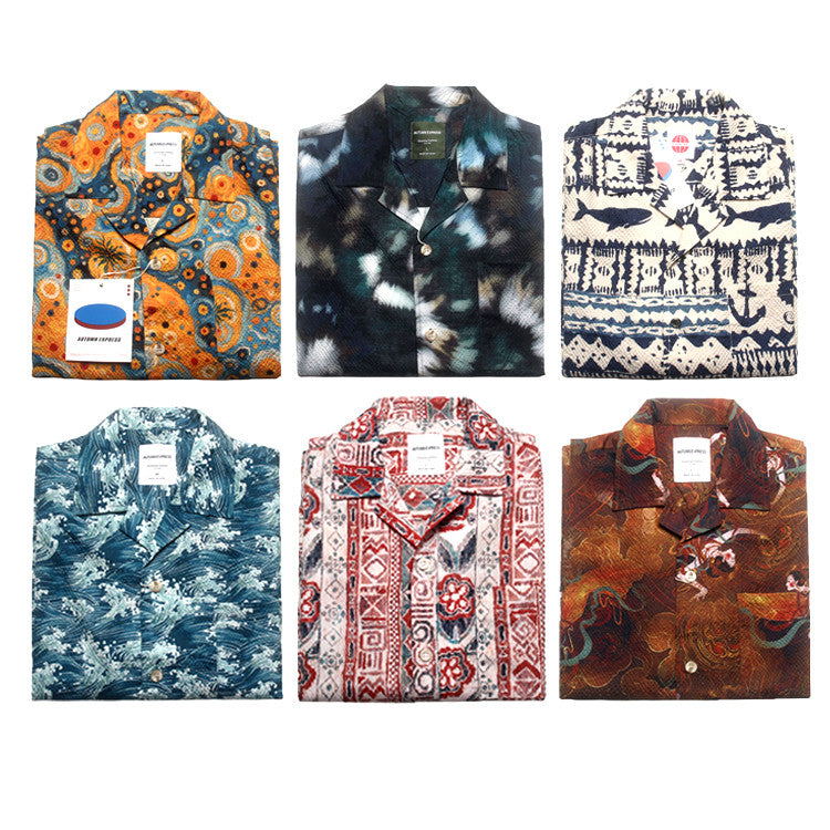Seersucker Cuban Collar Printed Shirt – Men's Vintage Beach Short Sleeve