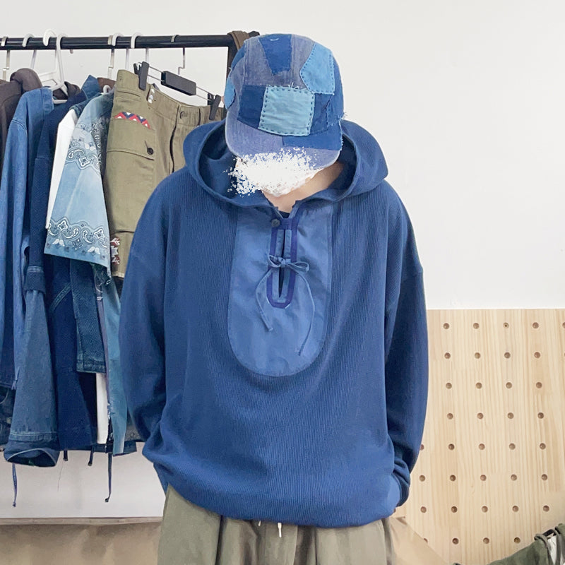 Japanese loose dropped shoulders slouchy wind indigo dyed waffle hooded sweatshirt men