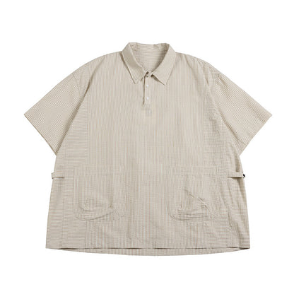 Retro Cityboy Stripe Stitching Half Placket Loose Short Sleeve Shirt - 100% Cotton Summer Top for Men | Japanese vintage | yamalin clothes | Yamalinclothes