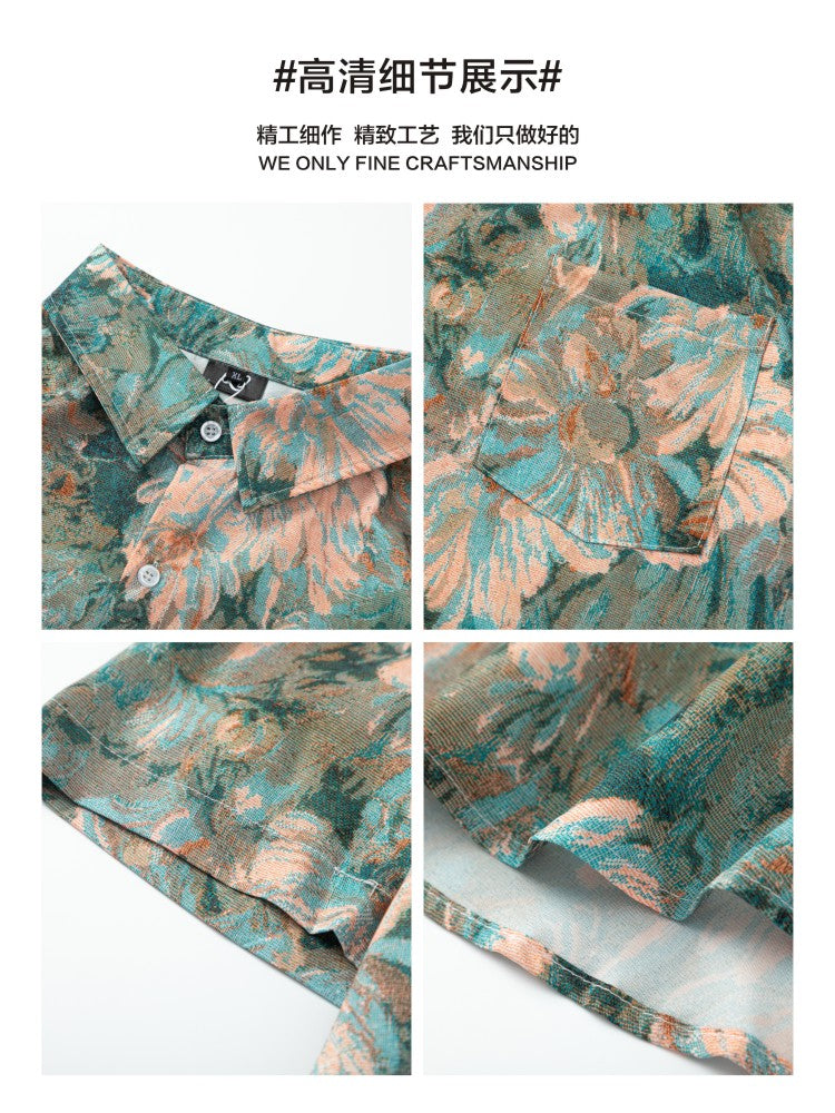 Hong Kong Style Vintage Oil Painting Floral All-over Short Sleeve Shirt Men's Summer Hawaiian Beach Half Sleeve Shirt