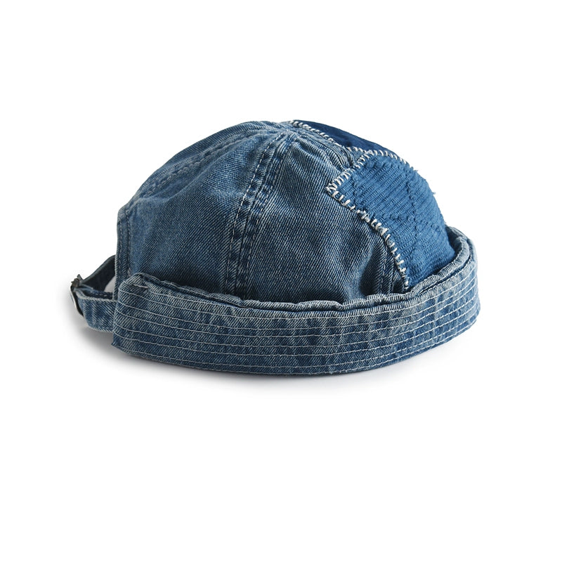 Original design blue dyed ancient cloth stitching denim melon skin hat Japanese retro washed all-match handmade landlord hat for men and women