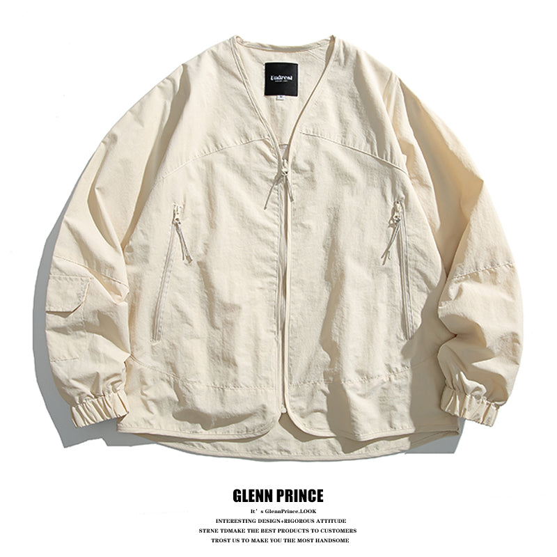 Japanese Vintage V-Neck Thin Cargo Jacket Men's Spring Outdoor Functional Waterproof Collarless Jacket