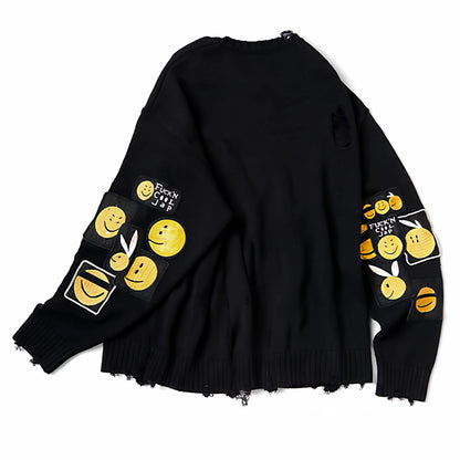Classic Cut-Out Smiley Face Badge Sweater - Distressed Crew Neck (25AW)