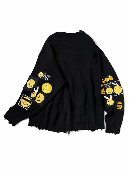 25AW Classic Cut-out Smiley Face Badge Destruction Crew Neck Long Sleeve Sweater