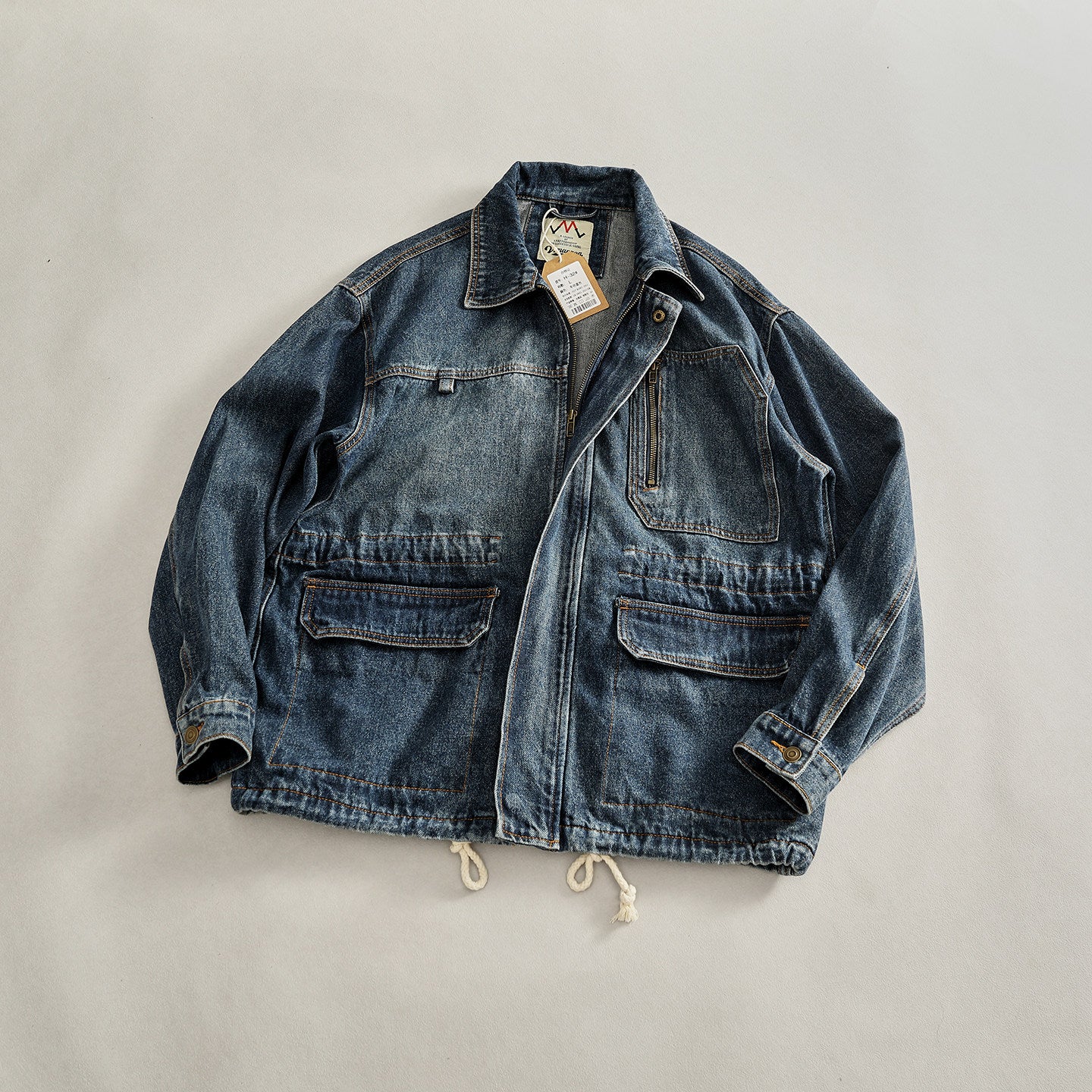 Heavyweight Washed Denim Jacket – Vintage Workwear Multi-Pocket Drawstring Coat