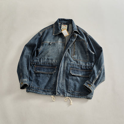 Heavyweight Washed Denim Jacket – Vintage Workwear Multi-Pocket Drawstring Coat