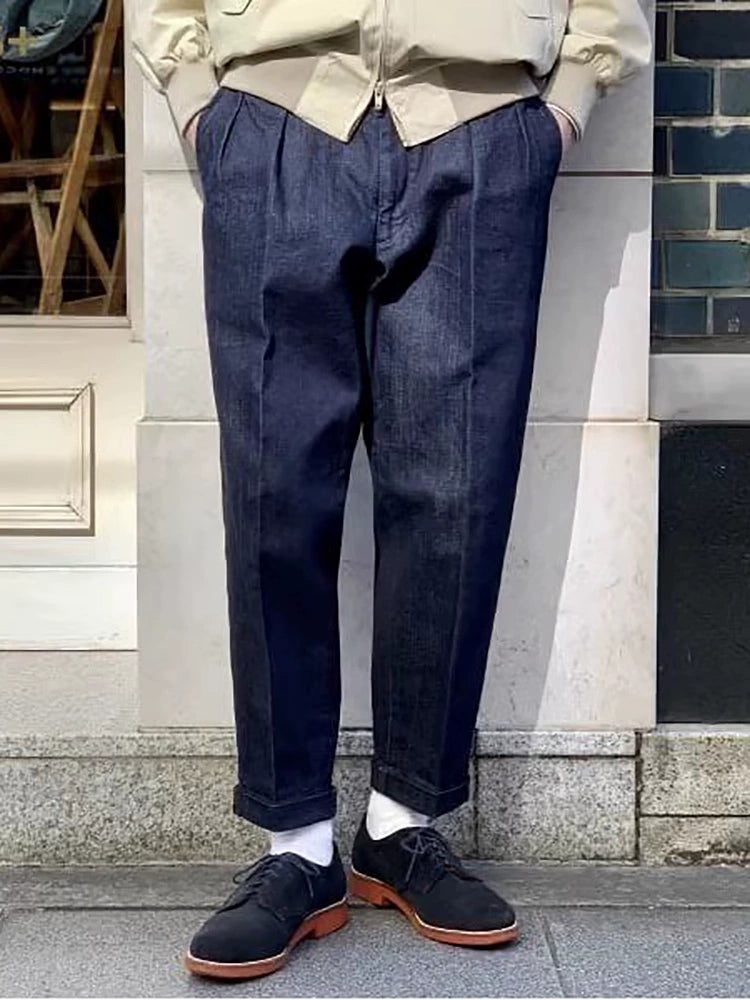 25SS Japanese retro denim primary color nine-point jeans for men loose casual tapered pants