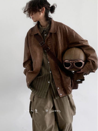 American Vintage PU Leather Moto Jacket – Unisex Loose Biker Coat