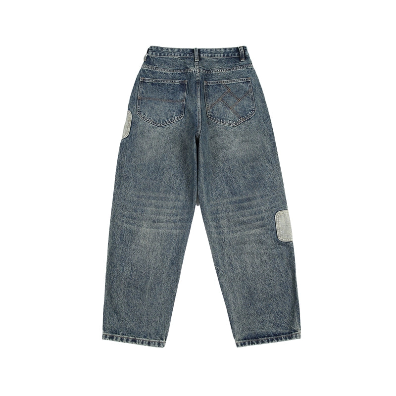American heavyweight washed men's pants patch embroidery design jeans men's new loose casual pants straight-leg trousers