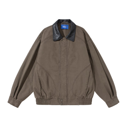 Leather Collar Patchwork Lapel Jacket – Vintage Cargo Cropped Unisex