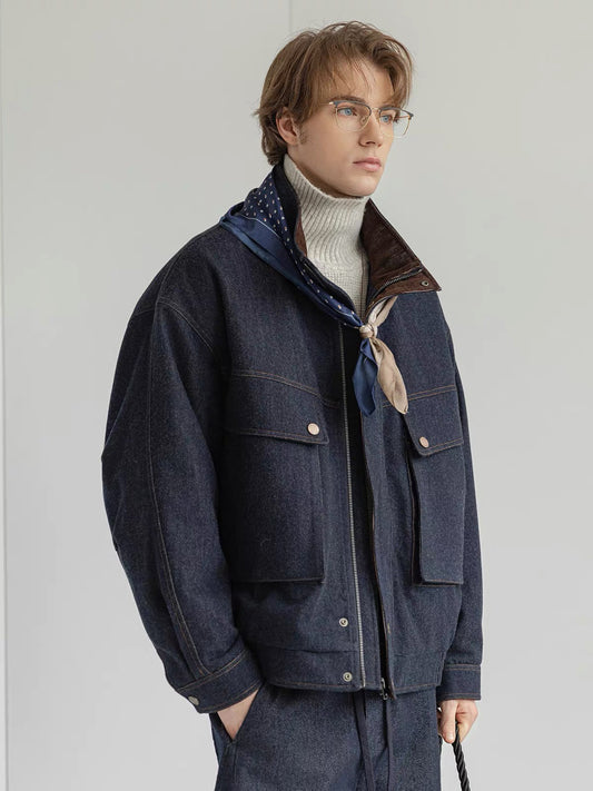 White Duck Down Denim Stand-Collar Jacket – American Vintage Loose Unisex – Coats Jackets | japanese streetwear | vintage workwear | unisex | Yamalinclothes