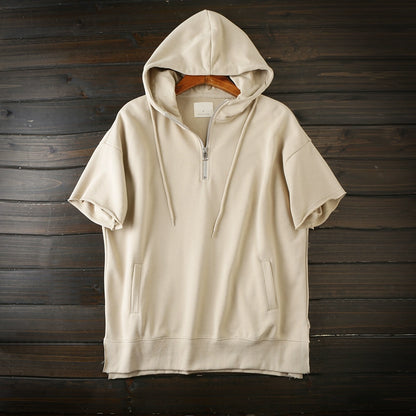 Old American order summer men's terry cotton loose hooded half-open zipper pullover short sleeve t-shirt raw edge sweatshirt tide