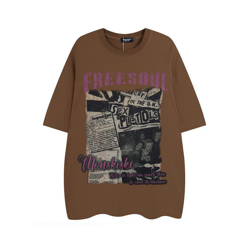 Old Newspaper Band Print Short Sleeve T-Shirt – Loose Unisex High Street – Japanese vintage | yamalin clothes | Yamalinclothes