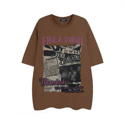 Old Newspaper Band Print Short Sleeve T-Shirt – Loose Unisex High Street – Japanese vintage | yamalin clothes | Yamalinclothes