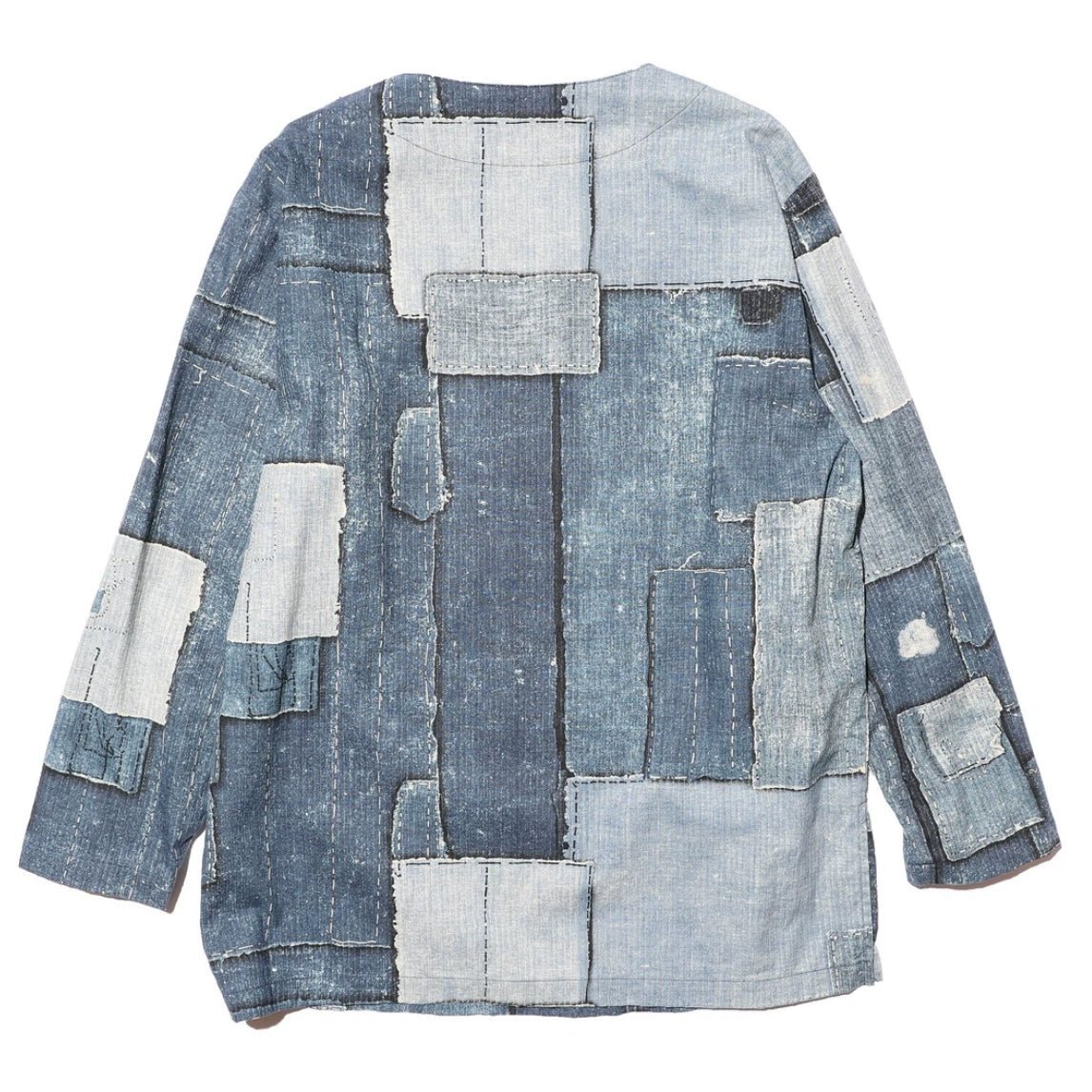 24AW Japanese retro men's and women's printed denim stitching destroyed collarless loose pullover long-sleeved shirt