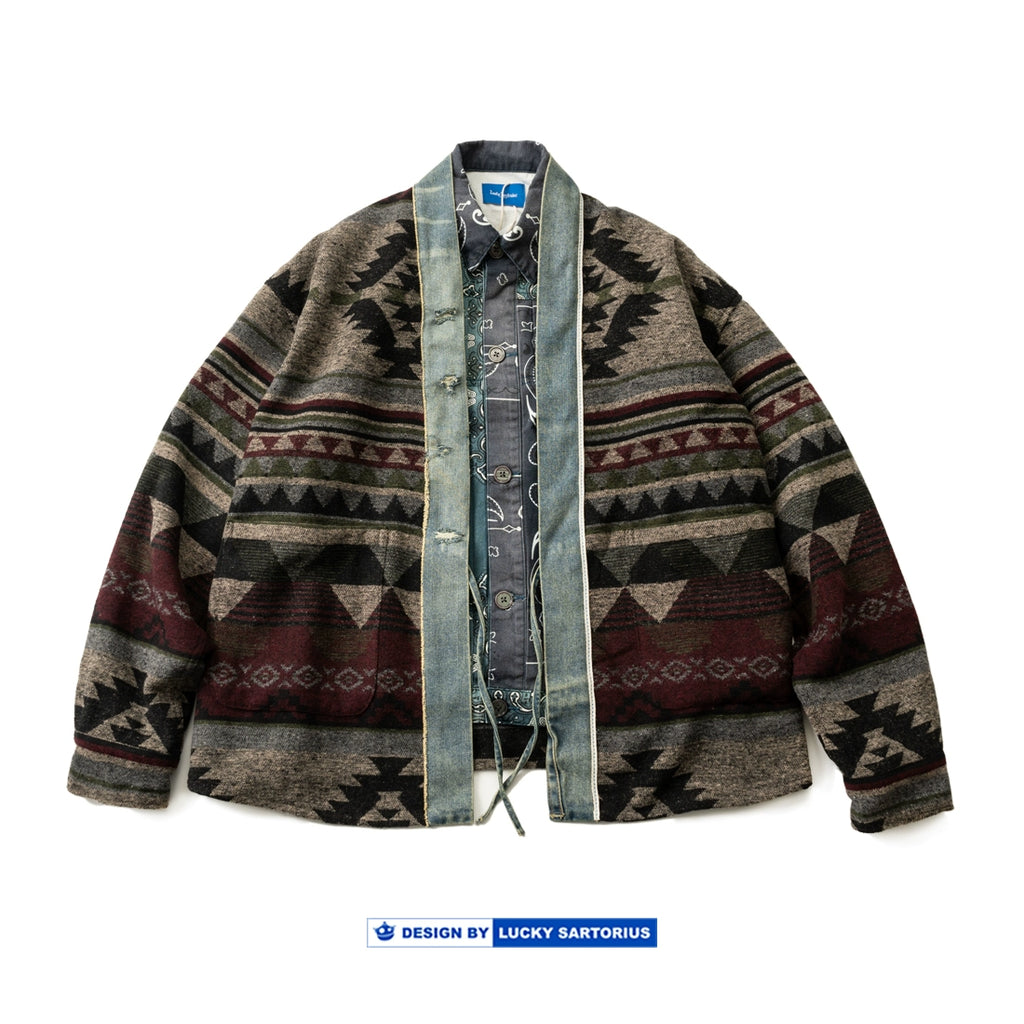 Japanese retro denim patchwork woolen ethnic style loose Taoist jacket for men