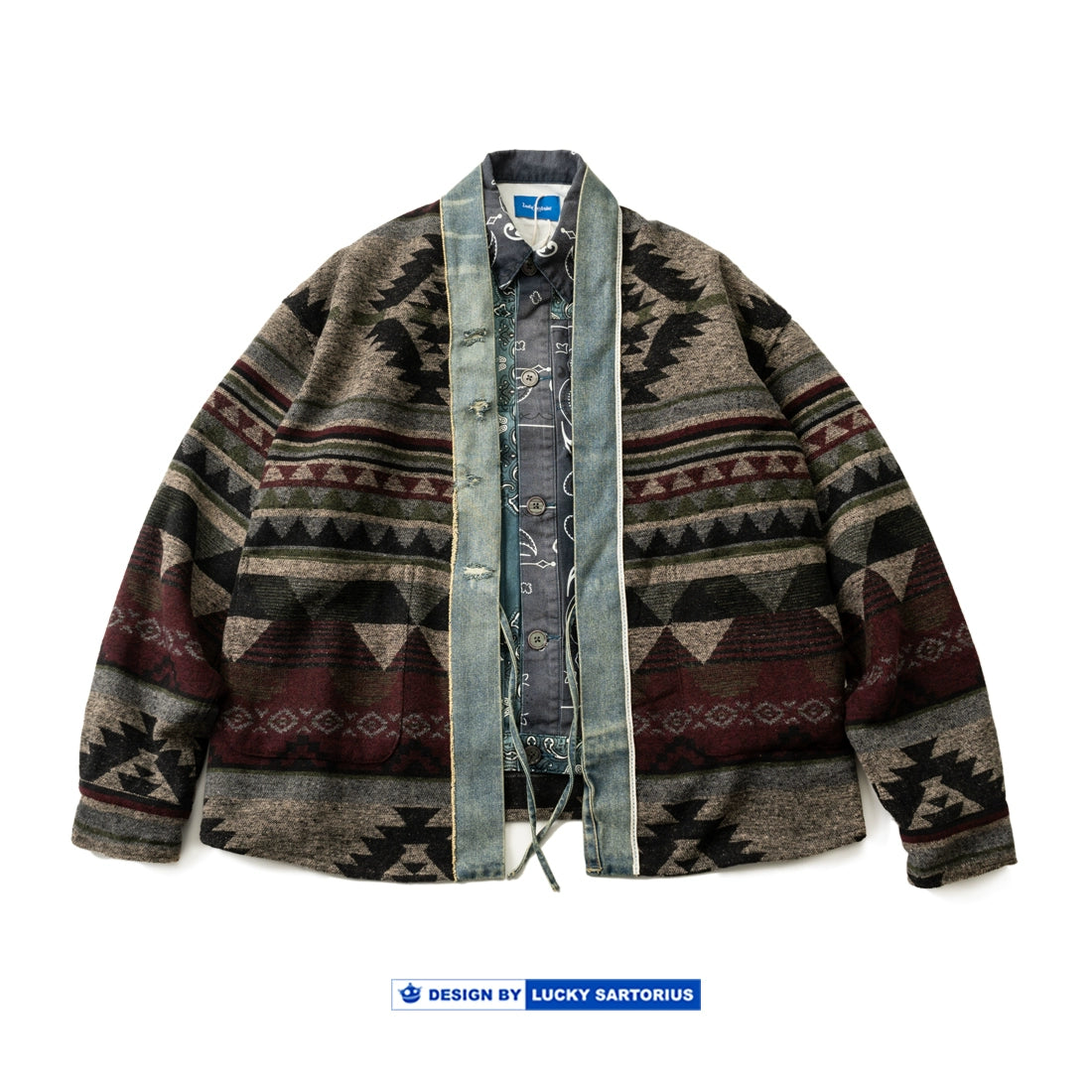 Japanese retro denim patchwork woolen ethnic style loose Taoist jacket for men
