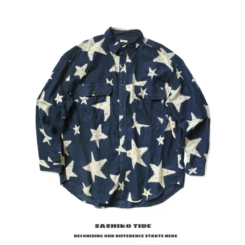 Japanese trendy batik washed pleated loose casual long-sleeved shirt