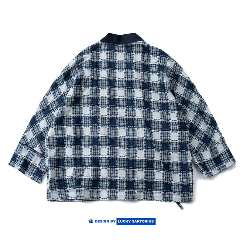 Japanese ethnic style, personality, raw edges, blue checkered, light and thin, loose dropped shoulders, casual robes, jackets, jackets for men and women