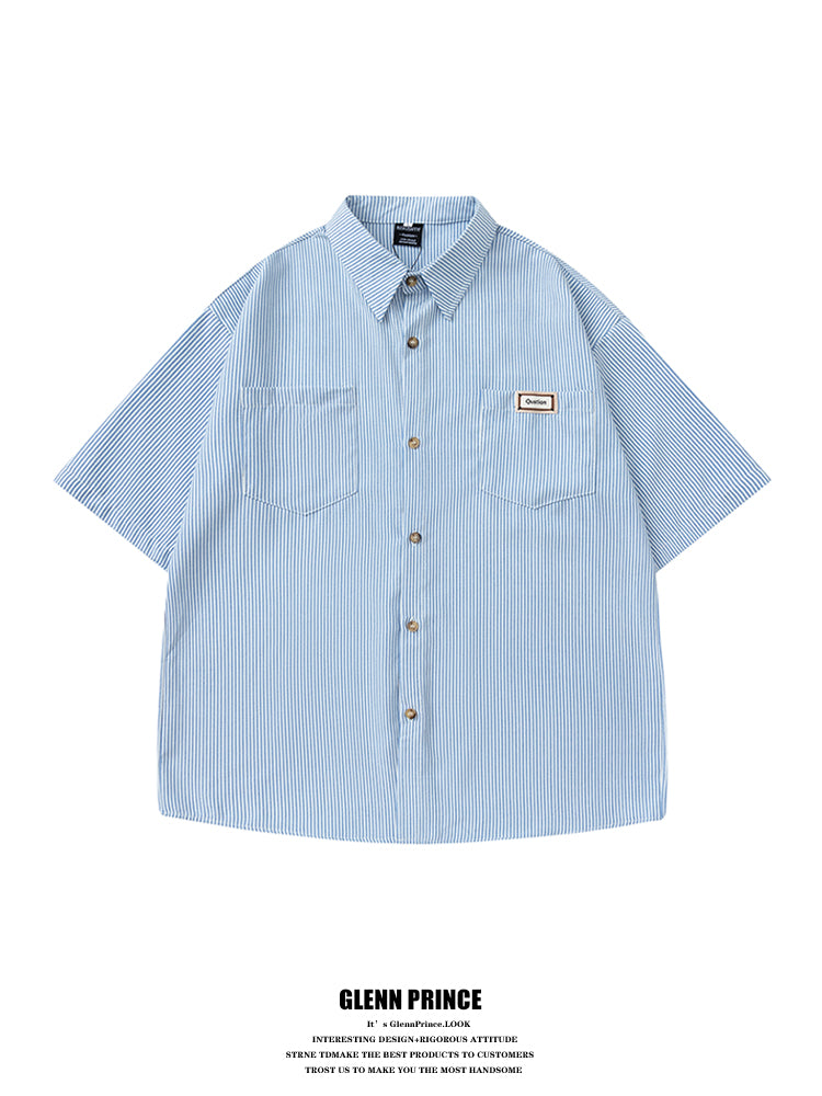 Japanese fashion brand embroidered vertical stripe short sleeve shirt men's summer thin casual and versatile silhouette shirt