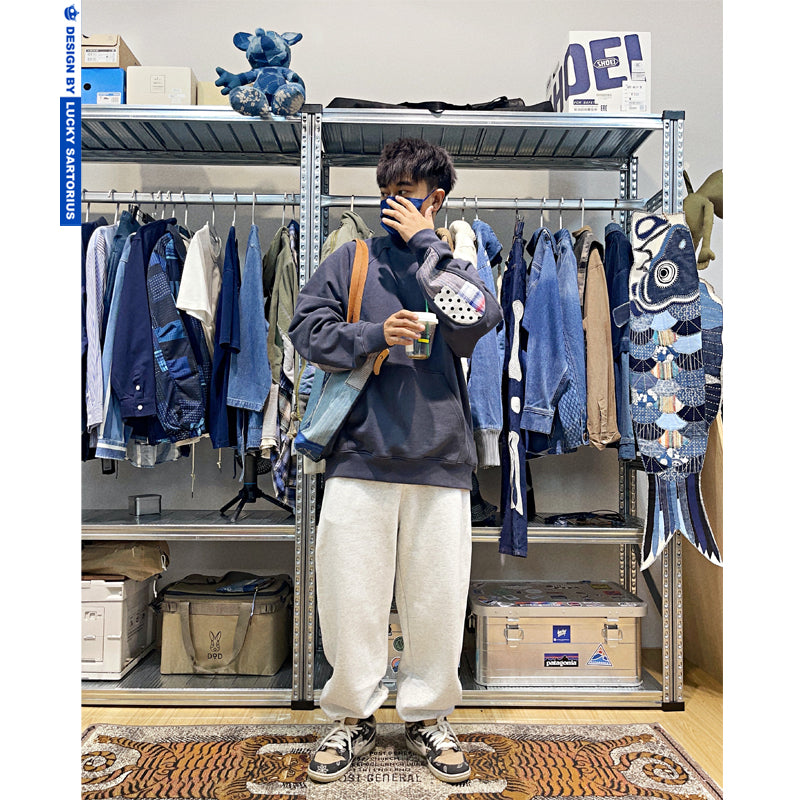 Japanese retro national style stitching round neck pullover loose version sweater