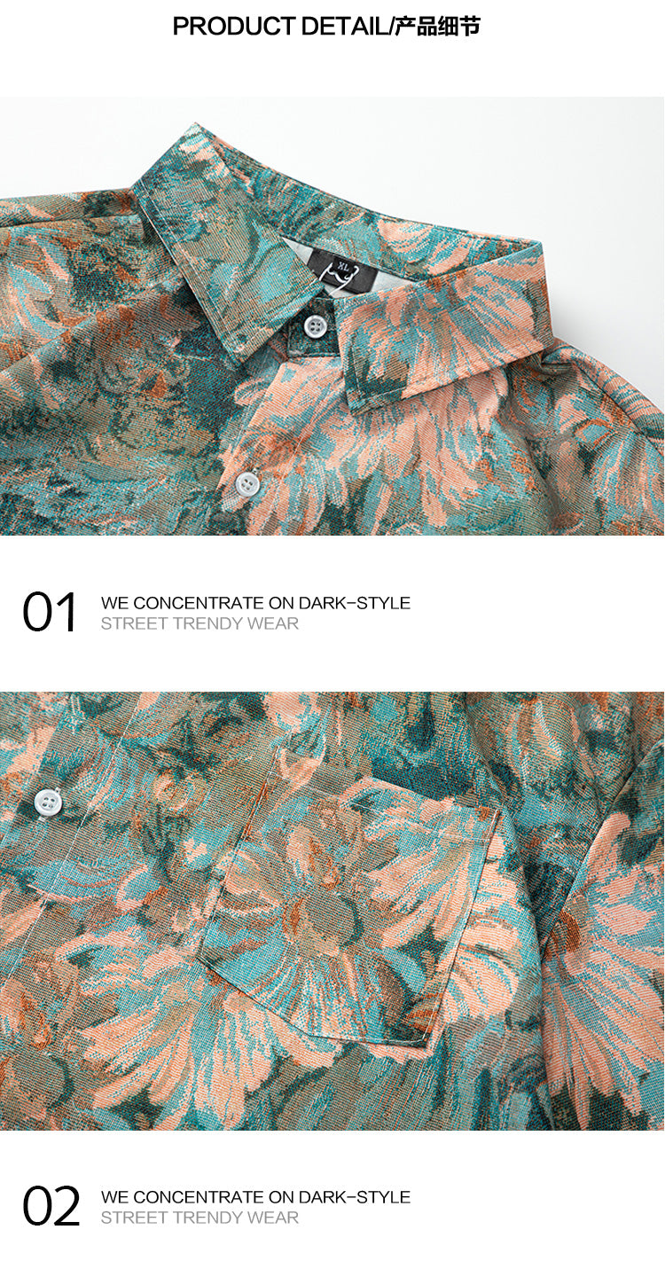 Hong Kong Style Vintage Oil Painting Floral All-over Short Sleeve Shirt Men's Summer Hawaiian Beach Half Sleeve Shirt