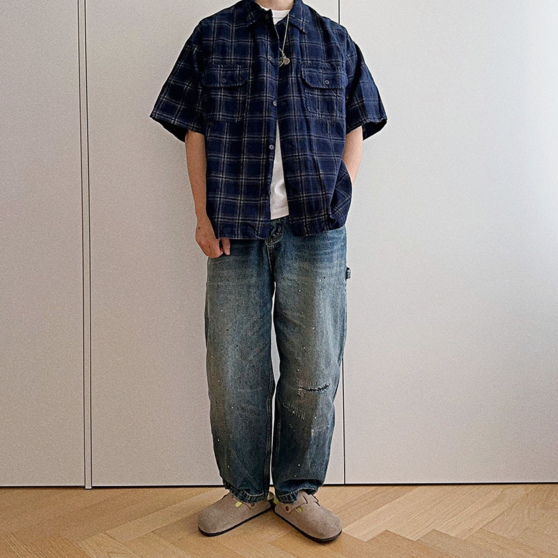 Japanese retro cityboy summer plaid short-sleeved shirts for men and women