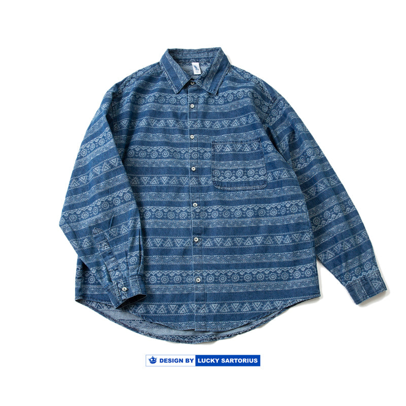 Spring and summer ethnic style youth retro men's loose shirt denim long-sleeved casual shirt top men's trend