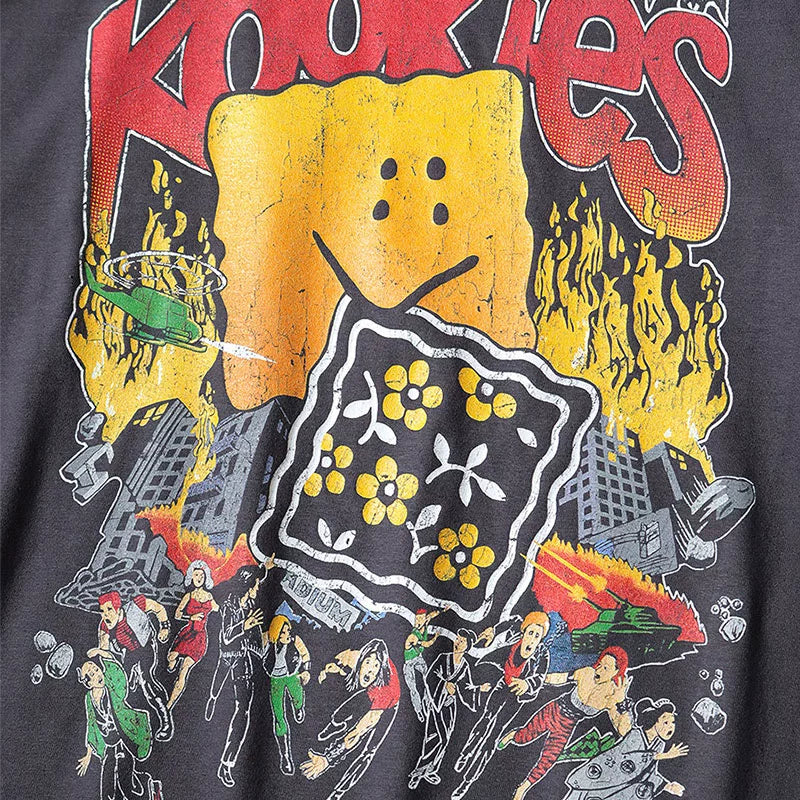 Japanese batik wash distressed cracked fun print crew neck wide short sleeve T-shirt