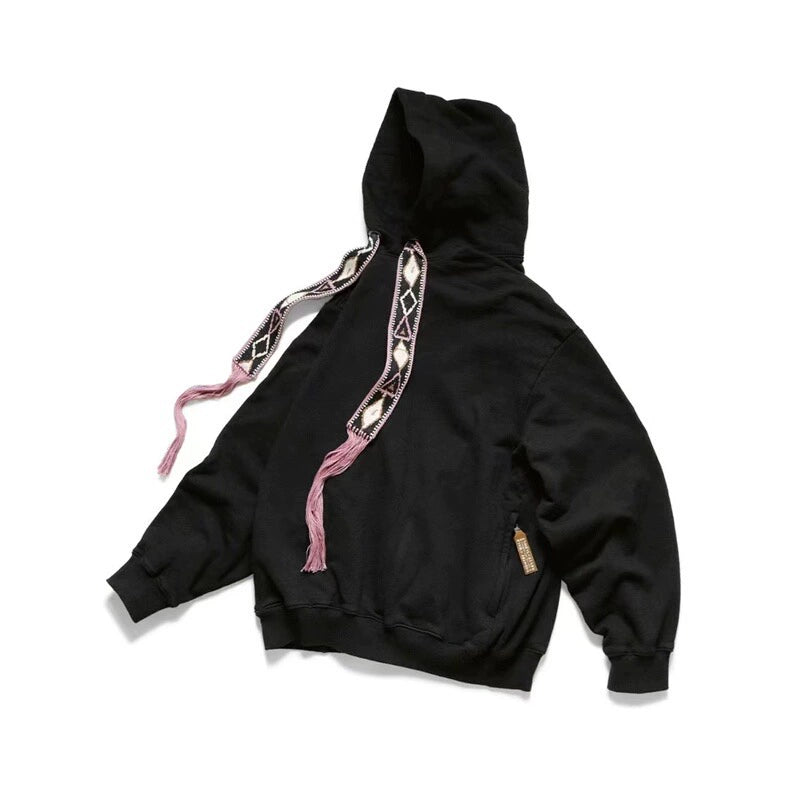 Japanese ethnic style tassels embroidered ribbon casual hooded sweater for men and women