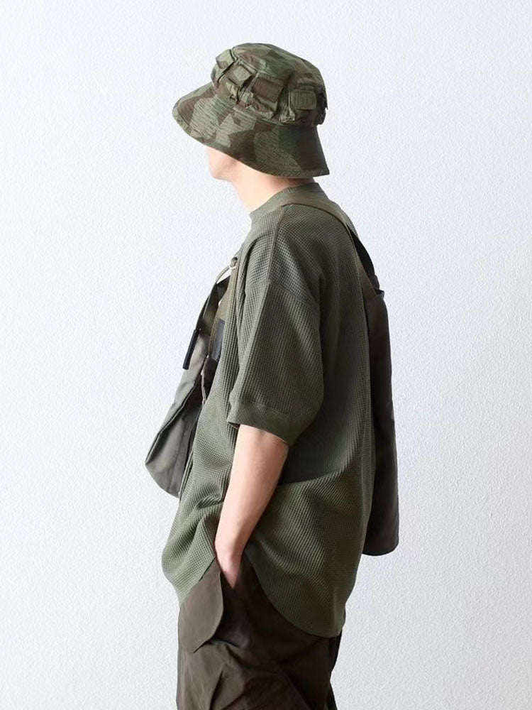 Japanese waffle solid color functional versatile casual loose crew neck half-sleeved T-shirt