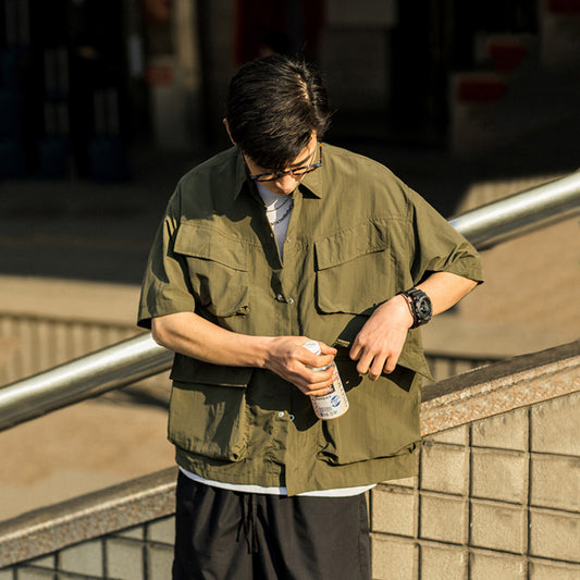 Japanese Original Short Sleeve Cargo Shirt Men's Summer Solid Color Loose Large Size Multi-Pocket Half Sleeve Shirt – Japanese vintage | yamalin clothes | Yamalinclothes