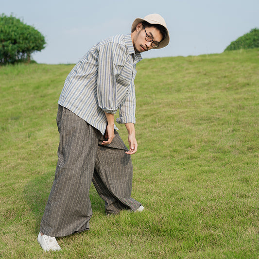 casual pants men's loose striped trousers cotton and linen Chinese style large size skirt pants Japanese retro art trend