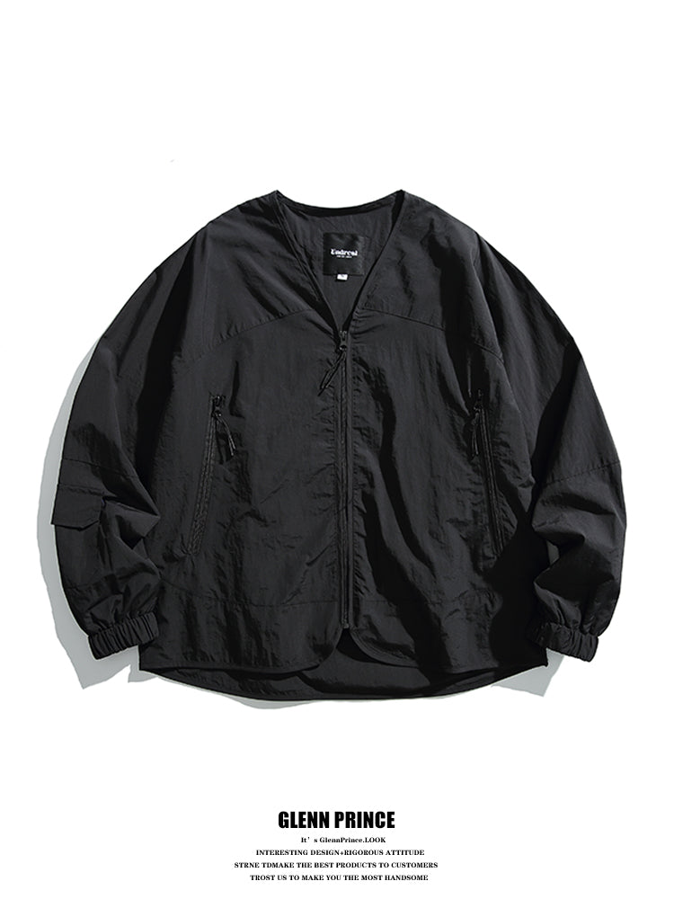 Japanese Vintage V-Neck Thin Cargo Jacket Men's Spring Outdoor Functional Waterproof Collarless Jacket